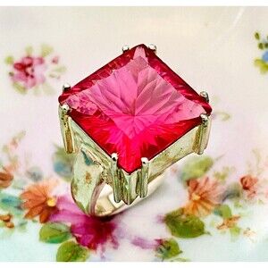 Radiant Cut Neon Pink Ruby Ring Sterling Silver Statement Huge Stone Siz 7.5